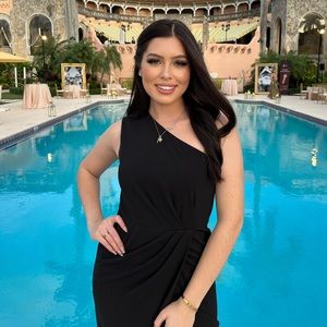 One Shoulder Rouched Leg Slit Black Evening Gown